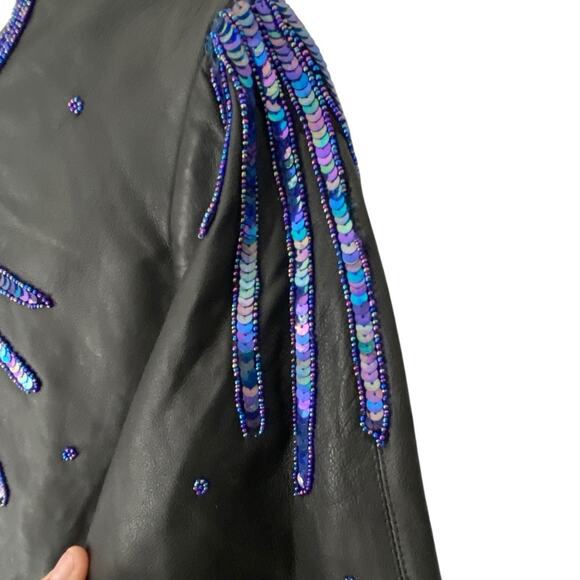 Vintage Black Leather Blue Sequin Beaded Dress size small Unique Groovy - Picture 3 of 9
